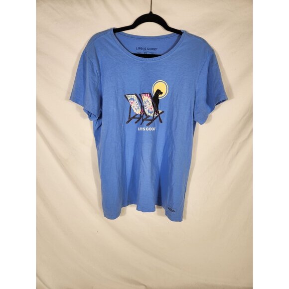 NWOT Life is Good Womens t-shirt Lt Blue Dog Looking at Sunset on Beach XL - Picture 1 of 5